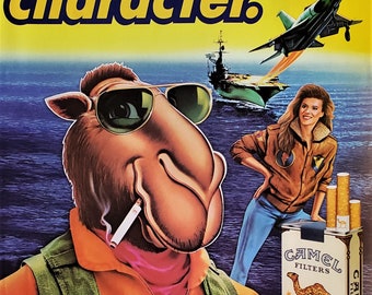 Joe Camel Illust Cigarette Ad Top Gun F-14 Flight Jacket Chick Brown Leather Jacket Cig Mouth Iconic Controversial Mascot 90s Smoking 12x10
