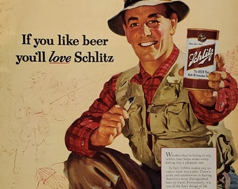 Classic Schlitz Beer Vtg Can Ad 1952 Fly Fisherman Illustrated Lure Hooks Filled Fedora Pocket Vest Best Classic Fishing Cabin Ad Art 13x10