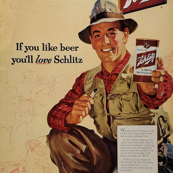 Classic Schlitz Beer Vtg Can Ad 1952 Fly Fisherman Illustrated Lure Hooks Filled Fedora Pocket Vest Best Classic Fishing Cabin Ad Art 13x10