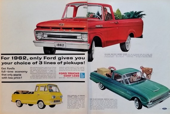 62 Ford Truck Pickup Econolne Falcon Ranchero Illustrations Classic Models Teardrop Headlights 1962 2 Pages Yellow Red 13x10 Ready Frame