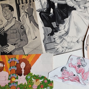 May include: A collection of vintage illustrations and cutouts. The images include a grayscale drawing of a couple embracing, a woman in a white dress, and a colorful depiction of Adam and Eve. Other images include a woman in a dress and a couple in a bed.