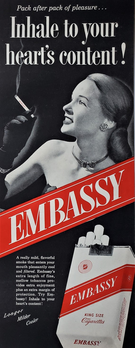 1940s cigarette ads Vintage 1940's Camel Cigarettes Magazine WWII Ad Full Page R J Reynolds Tob Co 1940s Embassy Cigarette Ad, Black