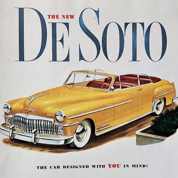 49 Yellow DeSoto Convertible Classic 40s Detroit Design Smart Lines Illustrated Car Lovers Dream Man Cave Vintage Auto Ad 13x10 Ready Frame