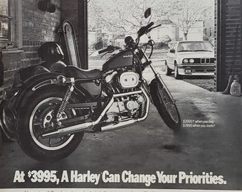 HOG Fans Harley-Davidson 87 Ad Sportster 883 Motorcycle 'Change your Priorities' BW Vtg Ad 12x10 Great Harley Fan Gift BMW Out Bike In Frame