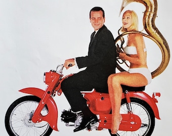 Honda Motorcycle Honda-90 White Bikini Clad Tuba Player Cute Couple Honda Scooter Mag Ad Color Pic Moped 60s Craze 8x10  Ready Frame