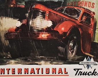 Vintage Truck Ad IH International Harvester Red Heavy-Duty Semi Illust Rainy Night 'He Drives a Weapon' Tough Truckers Life Iconic 13x10