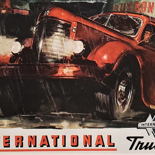 Vintage Truck Ad IH International Harvester Red Heavy-Duty Semi Illust Rainy Night 'He Drives a Weapon' Tough Truckers Life Iconic 13x10