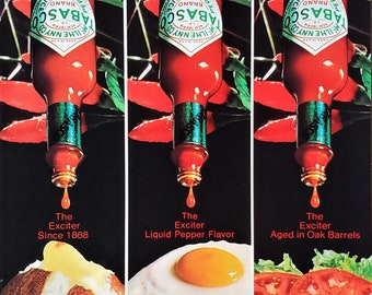 Tabasco Brand Pepper Sauce 3 Panel Photos 'The Exciter' Meal Enhancer Hot Pepper Topping Kitchen Ad Art Beautiful Red Bottle Peppers 7x10