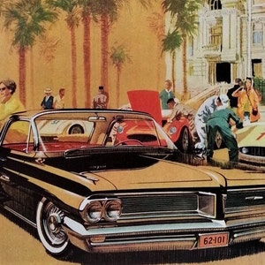 1962 Pontiac Grand Prix Gold Brown 2-door Italy Grand Prix Start Rally Cars Palm Trees Fans Luxury Illustrated 13 x11 Ready for Framing