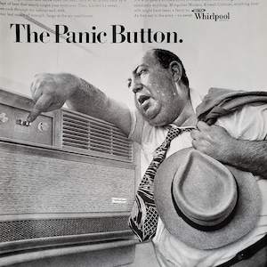 Summer Cooling Problems AC Air Conditioner Ad &#39;Panic Button&#39; Heavy Set Man Suit Fedora Hat Sweating BW Photo 13x10 Ready Frame