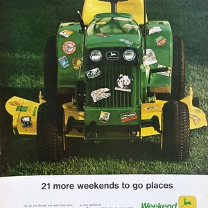 John Deere Riding Lawnmower 1960s Pristine Green Yellow Photo Travel Stickers Nice Yard.  &#39;21 more weekends to go places&#39; 13X10 FUN Framed