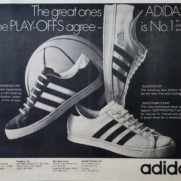 Adidas Basketball Shoe ADVERTISEMENT 1972 8x11 BW Photos 'The Great Ones' 3 Styles 'Greenstar' Sporting News Classic Rare Frame Fan Gift