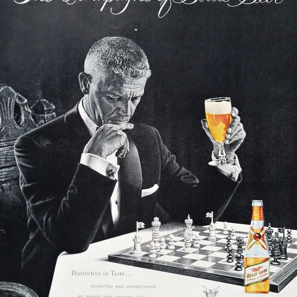 Chess Playing -Jack McCormack Illustration -Miller Beer 60s -Beer Ad "The Queens Gambit' - Play Chess Ad -Illustr Ad Beer -Man Cave -Frame