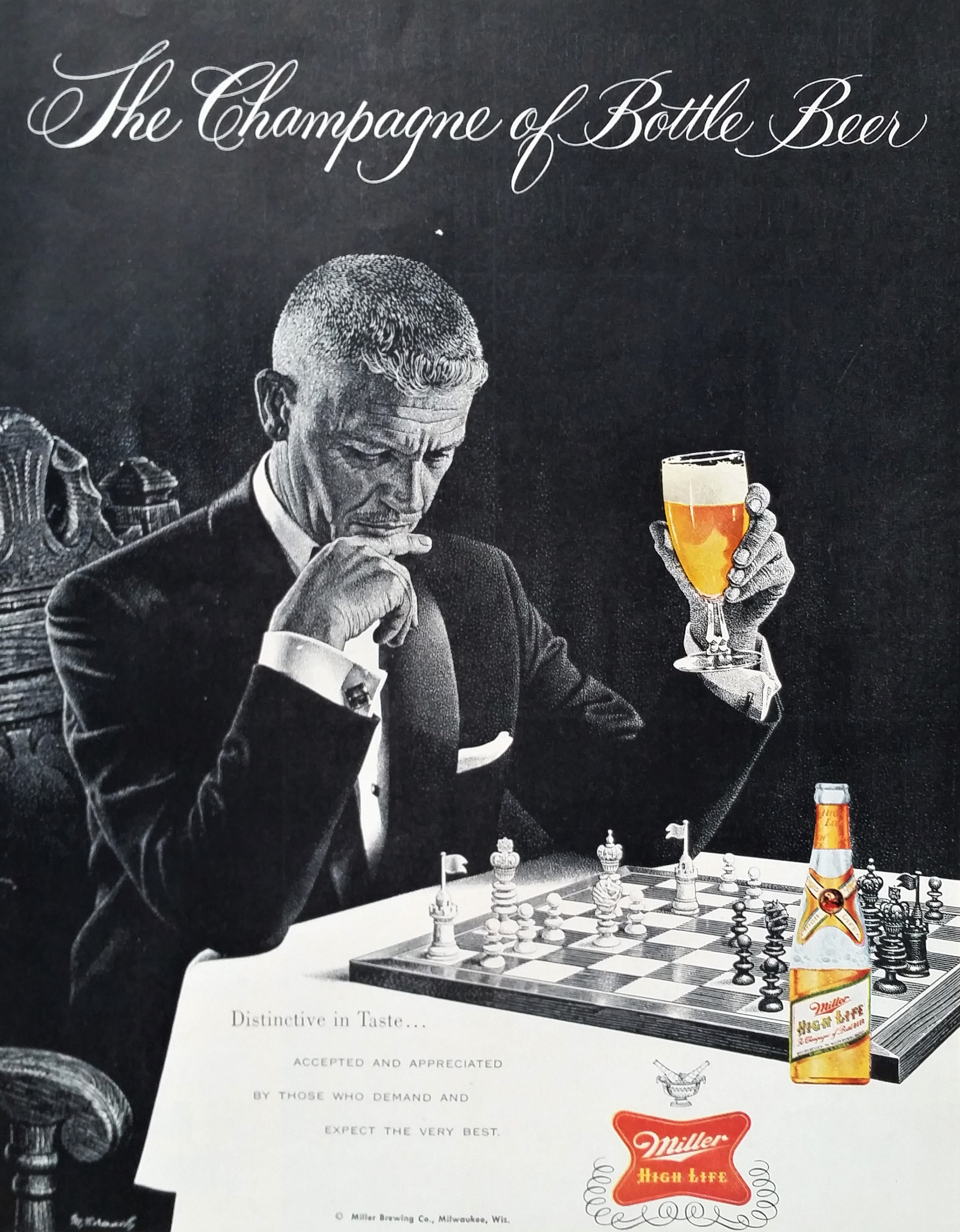 1960s Miller Beer Ad Print – Chess Art, 'the Queen's Gambit' Style