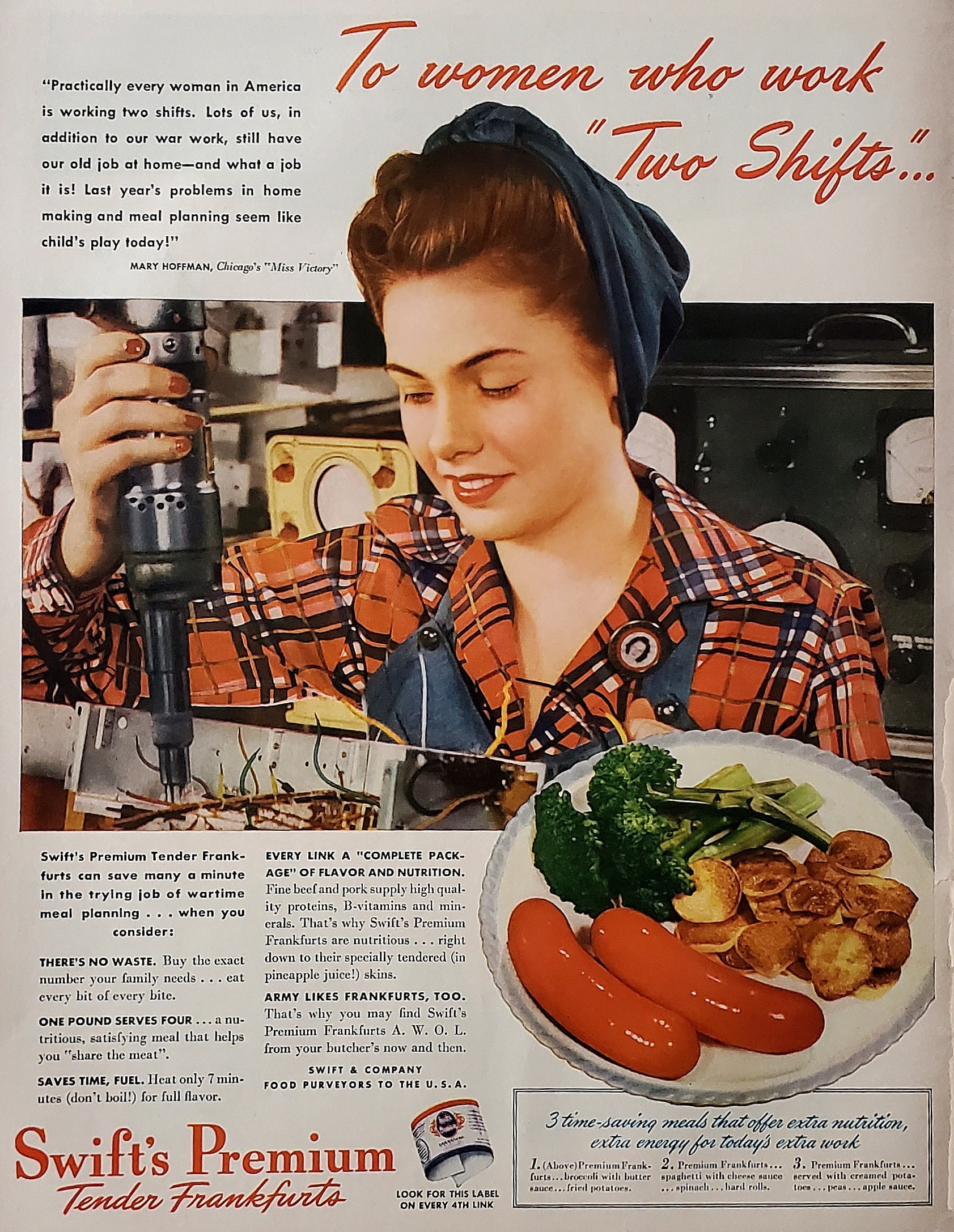 Hard Working Women WWII Welder During Day Homemaker At Night Meat Ad Color Photo Lipstick and Industrial Tools 'Two Shifts" 13x10 To Frame