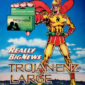 Vintage Trojan Condoms Ad, Superhero Mascot Art (12x10 Framed)