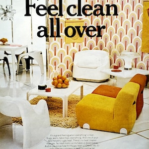 Molded Mid Century Modern Fiberglass Chairs Living and Dining Room Unknown Designer Gas Ad Bright Colors White FormicaVintage Ad 13X11 Frame