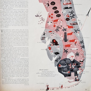May include: A vintage map of Florida, featuring illustrations of alligators, palm trees, and various activities. The map is in shades of gray, red, and black, with text that reads "Crazy Quilt" and "What is Florida?"