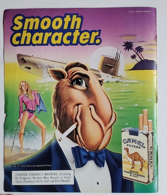 camel cigarette ads 1990s Joe Camel Illust Cigarette Ad Spy 'Bond' Tux Submarine Sexy Gal Dive Suit  Scuba Cig in Mouth Iconic Controversial Mascot 90s Smoking 12x10