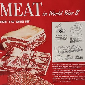 Meat in World War II Three Way Boneless Beef Meat Institute Red Ad Ground Beef Post-War Vintage Ad 1940s Kitchen Ad Art 13x10 Ready Frame