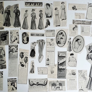 May include: A collage of vintage advertisements and images from the early 1900s. The images feature women in various fashions, products like shoes, hair powder, and food, and text from the advertisements. The overall theme is fashion and beauty.