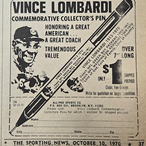 Vince Lombardi Commemorative Collectors Pen ADVERT 1970 Sporting News BW Illustrated Portrait 4.5 x 4.5 AD Green Bay Packers Fans