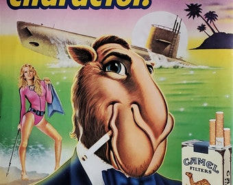 Joe Camel Illust Cigarette Ad Spy 'Bond' Tux Submarine Sexy Gal Dive Suit Scuba Cig in Mouth Iconic Controversial Mascot 90s Smoking 12x10