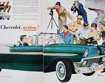 Vintage 58 Chevy Bel Air Convertible 2-Door Teal White Movie Set Chevrolet Illustrated Couple Movie Stars Smooching 2 pps 13x10 Ready Frame