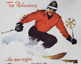 Ski Skiing Men's Fashion Red Jacket Illust 40s Powder Snow Unique Cabin Ad Art Man Cave Snowboard Fans Texaco Oil 13x10 Ready for Framing.