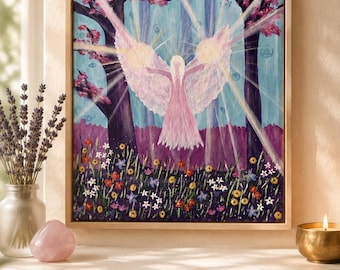 Peut inclure: Une peinture encadrée représentant une silhouette centrale aux grandes ailes rose clair, debout dans une prairie fleurie. Derrière, deux arbres sombres aux fleurs roses encadrent une lumière rayonnante dans un ciel bleu.