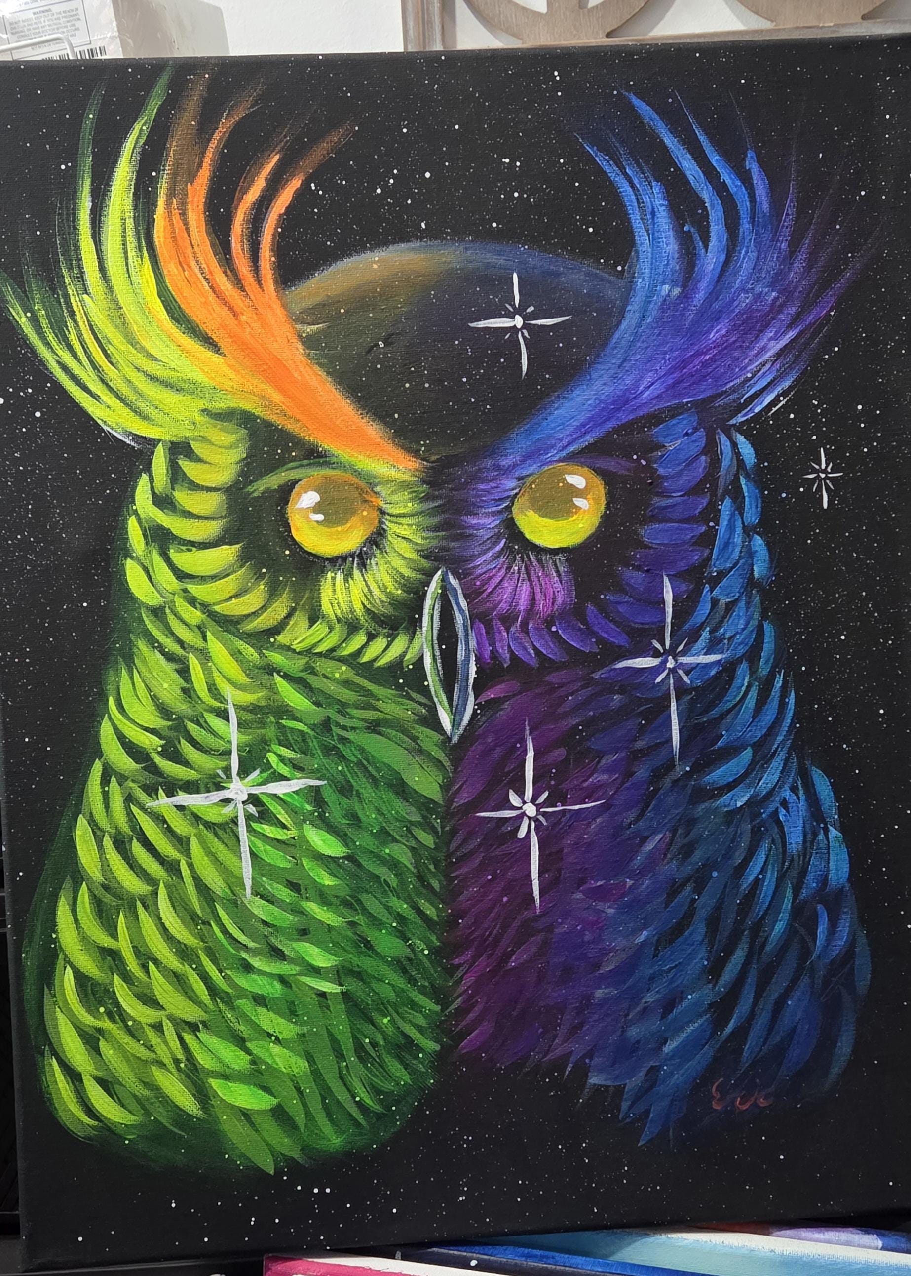 Colorful Owl Acrylic Painting – Original 16x20 Canvas Art, Hand Painted Celestial Owl, One of