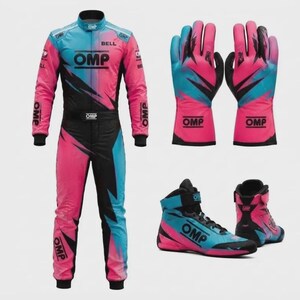 May include: A racing suit, a pair of gloves, and a pair of high-top racing shoes. The gear features a vibrant gradient pattern of bright pink and cyan blue with black accents. The OMP logo is printed in black on the chest, belt, gloves, and shoes.