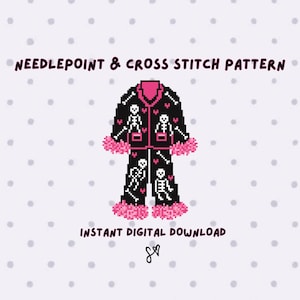 Puede incluir: Un patrón de punto de aguja y punto de cruz con una ilustración en pixel art de un pijama negro con ribetes rosas, motivos de esqueletos blancos y pequeños corazones rosas. El texto dice NEEDLEPOINT & CROSS STITCH PATTERN e INSTANT DIGITAL DOWNLOAD.