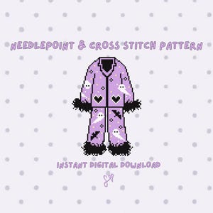 May include: A pixel art needlepoint and cross stitch pattern featuring a light purple pajama set with black fur-trimmed cuffs and hems. The pajamas are decorated with white ghosts, black bats, and black hearts. Text reads: NEEDLEPOINT & CROSS STITCH PATTERN INSTANT DIGITAL DOWNLOAD.