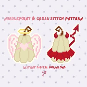 Könnte beinhalten: Ein Pixel-Art-Stickmuster für Needlepoint und Kreuzstich mit zwei Kürbisfiguren. Ein Kürbis hat rosa Flügel und einen gelben Heiligenschein, der andere rote Hörner, einen roten Schwanz und einen roten Rock. Text: NEEDLEPOINT & CROSS STITCH PATTERN.