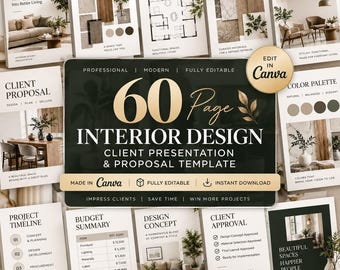 Modello di proposta di interior design su Canva, moodboard per la presentazione al cliente, planimetria, proposta di design di 60 pagine