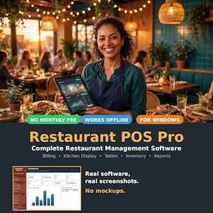 Op de afbeelding: Restaurant POS Pro software voor Windows met een tablet-display met financiële grafieken. De interface bevat facturering, keukendisplay, tafels, voorraad en rapporten. Tekst: No Monthly Fee, Works Offline, For Windows.