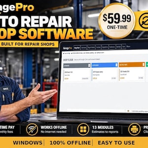 Può includere: Un computer portatile che mostra il software per officine di riparazione auto GaragePro con una dashboard che indica lo stato dell'officina, i preventivi e le riparazioni. Lo schermo include testo come GaragePro e Shop Floor.