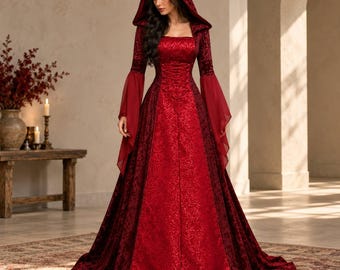 Gothic-Samtkleid für Damen mit Kapuze, Spitzenärmeln, Korsett-Taille, mittelalterlichem Renaissance-Abendkleid