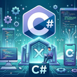 Puede incluir: Una ilustración digital con un gran logotipo de C# en un hexágono, rodeado de monitores de computadora, un teléfono inteligente y torres de servidores con código. Una pequeña figura se sienta en una plataforma con una X y engranajes flotan.