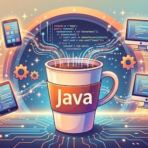 Peut inclure: Une tasse à café blanche avec une bande orange portant le mot Java en lettres blanches. La tasse est entourée d'appareils numériques flottants, dont des smartphones et des écrans affichant du code, avec des circuits imprimés et des engrenages.