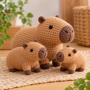 Peut inclure: Un ensemble de trois peluches capybara au crochet de tailles variées, avec des corps marron clair, des museaux marron foncé, de petites oreilles marron foncé et des pattes marron foncé, dotées d'yeux en plastique noir.
