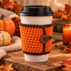 Puede incluir: Un vaso de café desechable blanco con tapa de plástico negra, que presenta una funda de ganchillo de color naranja brillante con un borde de ganchillo marrón oscuro y un botón de madera marrón oscuro texturizado en la parte frontal.