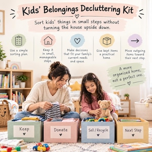 May include: A Kids' Belongings Decluttering Kit with four fabric storage bins labeled Keep, Donate, Sell/Recycle, and Next Step. The kit includes instructional text for sorting items in small steps, emphasizing an organized home over a perfect one.