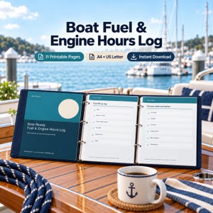 Puede incluir: Una carpeta de tres anillas con un registro de combustible y horas de motor de barco con páginas imprimibles para seguimiento, junto a una taza de cerámica blanca con un icono de ancla azul sobre una cubierta de barco de madera.