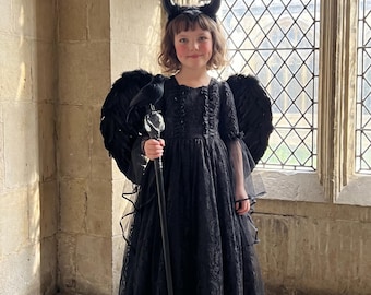 Evil Queen Costume Kids Halloween Girls Outfit Dark Fairy Dress Horn Headband Girl Villain Set Gothic Princess Role Play Toddler Child