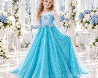 May include: A floor-length light blue gown with long sheer sleeves, a glittery skirt, and a silver-toned bodice embellishment. The outfit includes a silver crown with a blue heart-shaped gem and a matching silver scepter with a blue heart-shaped top.