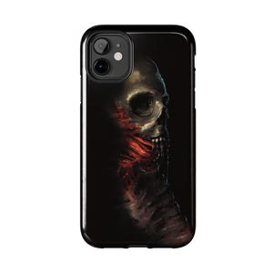 May include: A black smartphone case featuring a dark, high-contrast illustration of a human skull in profile. The skull is partially obscured by deep shadows, with vibrant red, textured details around the jaw and neck area against a black background.