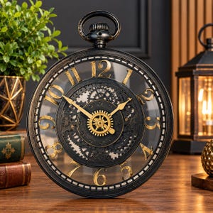May include: A round, black, skeleton-style wall clock with a prominent top loop. The clock features gold-colored Arabic numerals, gold-colored hands, and a central gold gear mechanism visible against a transparent background.