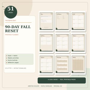 Può includere: Un planner stampabile di 51 pagine per un reset autunnale di 90 giorni con uno schema di colori beige e verde scuro. Il layout include testi come The Boho Edit, Goals + habits, Weekly priorities, Home routines e Reflection pages. Sono mostrate nove pagine.